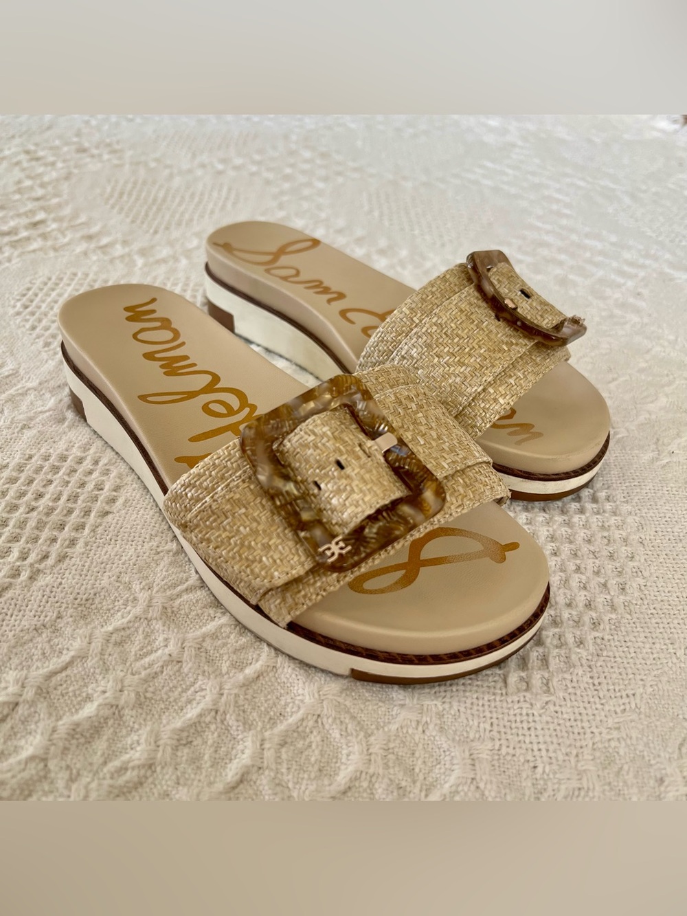 Sam Edelman Ariane Wedge Sandals Raffia Oversized Tortoise Shell Buckle Size 8 - Picture 6 of 15